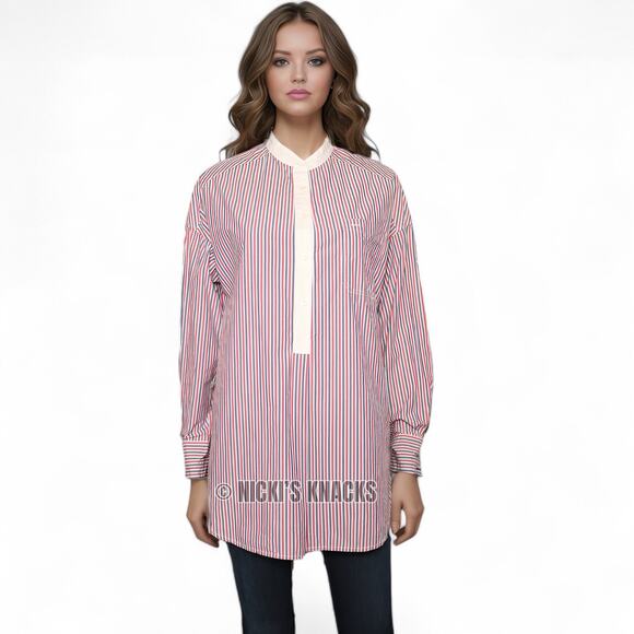 Alex Mill Striped Cotton Popover Tunic Red White Blue Oversized Shirt Size XS - Picture 2 of 10